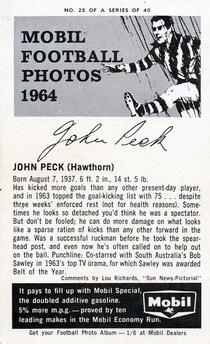 1964 Mobil Football Photos VFL #25 John Peck Back